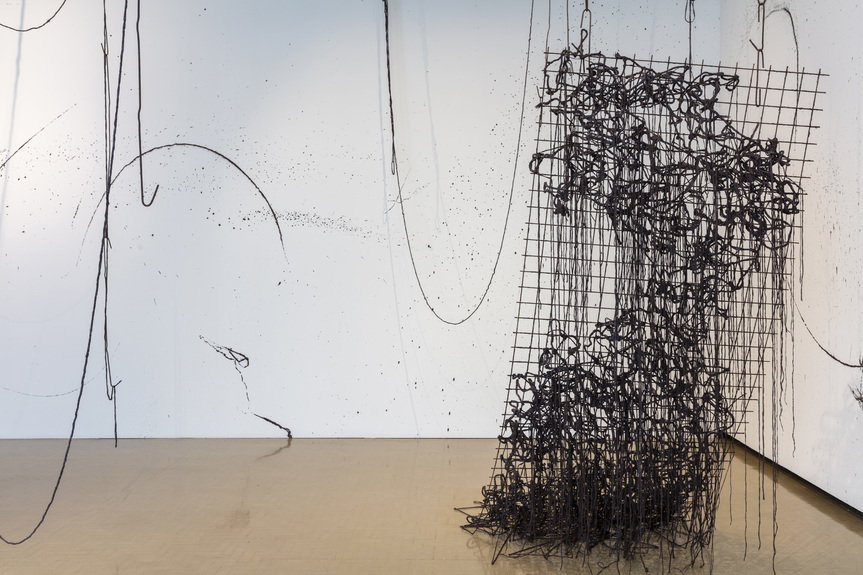 Detailed installation view of ISABELLA LOUDON’s Platforms, 2019, cement, twine, steel, dimensions variable, at “Unravelled,” City Gallery Wellington Te Whare Toi, 2020.