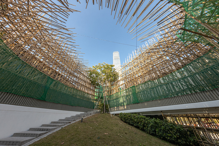 Installation view of LIANG SHUO’s In the Peak, 2019, bamboo, plastic mesh, and artificial branches, dimensions variable, at Sigg Prize exhibition, M+ Pavilion, Hong Kong, 2019–20. Photo by Winnie Yeung. Courtesy M+.