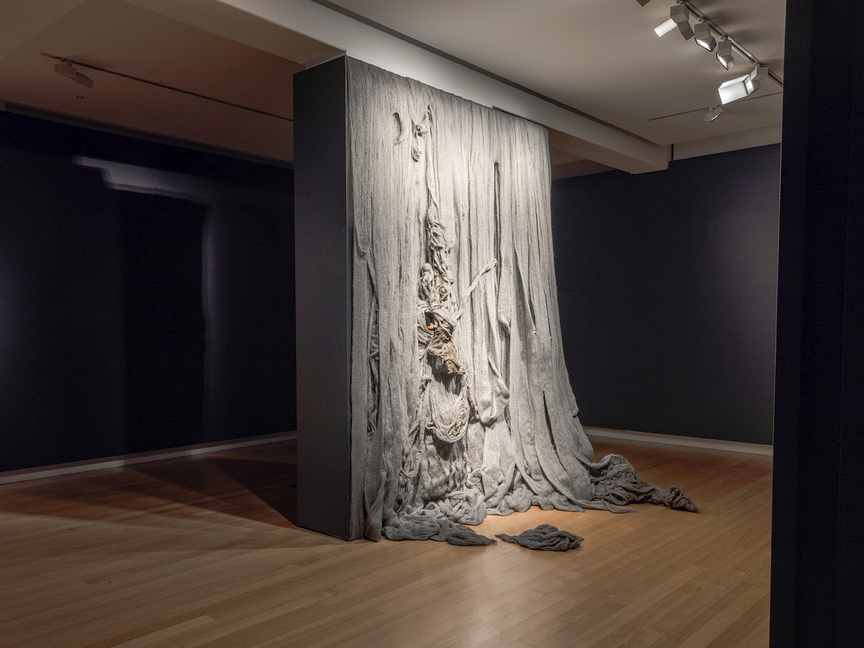 Installation view of MANDY QUADRIO’s Striking at the foundations, 2020, steel wool, black velvet, dimensions variable, at “Rite of Passage,” QUT Art Museum, Brisbane, 2020. Photo by Louis Lim. Courtesy QUT Art Museum.