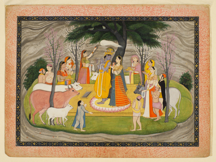 Krishna courting Radha with his skilful fluting, circa 1780, opaque watercolor with gold on paper, 18.6 × 26.6 cm. Collection of Oliver Forge & Brendan Lynch Ltd., London. Courtesy Asia Week New York.