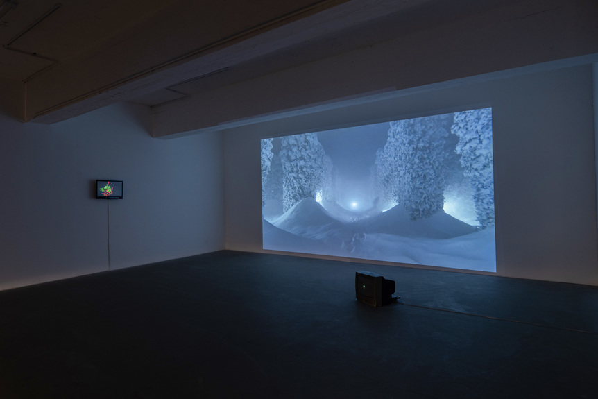 Installation view of HO SIN TUNG’s (left) Sleep Demon, 2020, HD video with color: 12 min 29 sec; and (right) Full Dark, No Stars, 2020, HD video with color and sound: 49 min 26 sec, at “The Spaces Between the Words Are Almost Infinite,” Gallery Exit, Hong Kong, 2020.