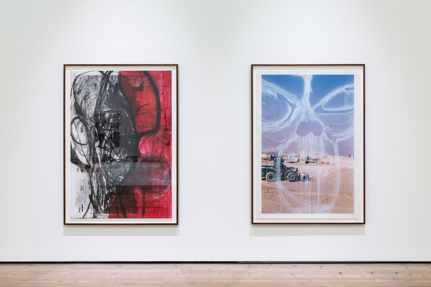 Installation view of HUMA BHABHA’s (left) Untitled, 2013, ink, acrylic and paint and collage on B/W Print, 160.7 × 110.5 cm; and (right) Untitled, 2011, ink on c-print, 175.3 × 123.8 × 5.7 cm, at “Against Time,” Baltic Centre for Contemporary Art, Gateshead, 2020–21. Photo by Rob Harris. Courtesy Baltic Centre for Contemporary Art.