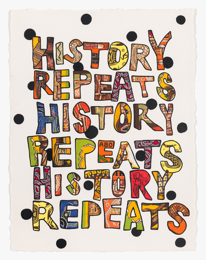 TONY ALBERTS, History Repeats, 2020, acrylic and vintage appropriated fabric on Arches paper, 76 × 57 cm.