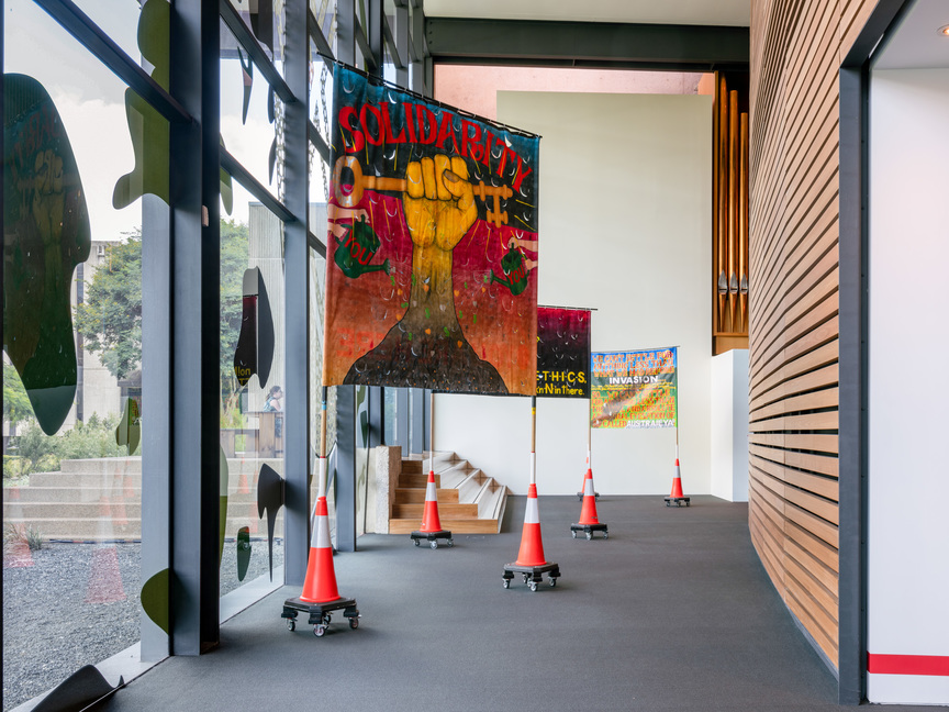 Installation view of “proppaNOW: OCCURRENT AFFAIR,” at UQ Art Museum, Brisbane, 2021. Photo by Carl Warner. Courtesy the artist and Milani Gallery, Brisbane.