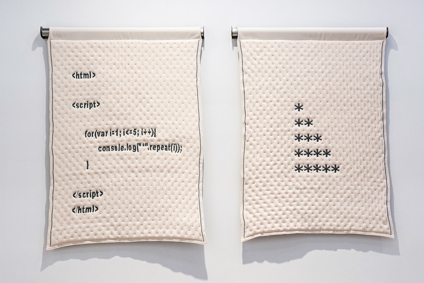 Installation view of TAEYOON CHOI’s Code to Knit, 2021, tubular knitted spacer fabric, set of 12, 560 × 712 cm each, at “Interweaving Poetic Code,” CHAT, Hong Kong, 2021.