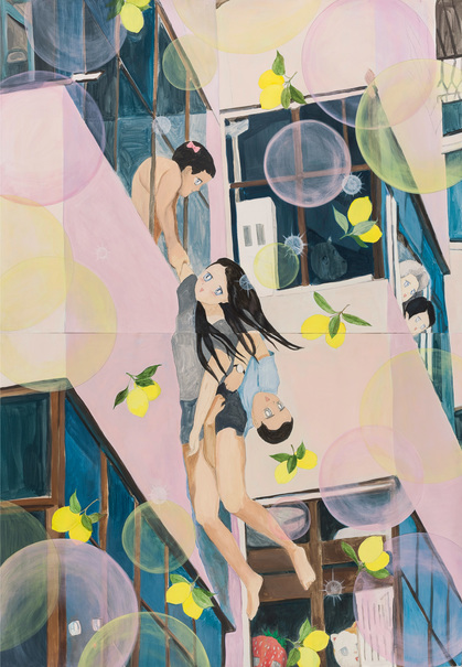 LIU YIN, Woman Jumping off Building, 2015, acrylic and pencil on paper, 157.4 × 109.2 cm. Courtesy the artist.